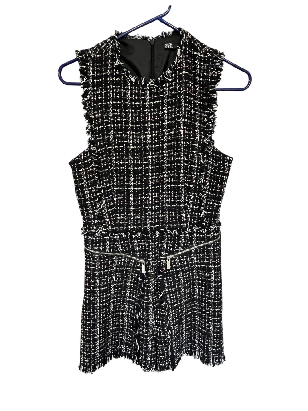 Zara Black and White Tweed Fringe Zip Romper with Pink Accents
